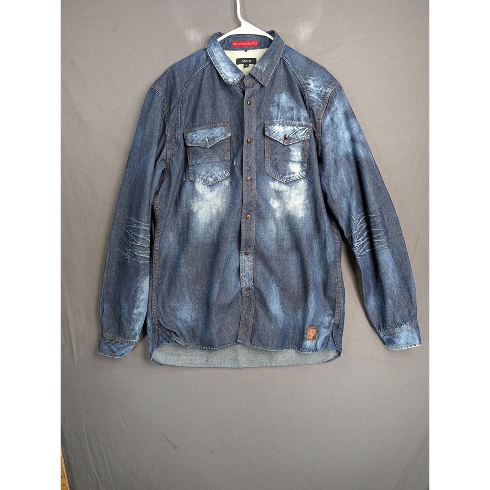 AKOO Mens Denim Shirt Distressed Acid Wash Long Sleeve XL Blue 8507